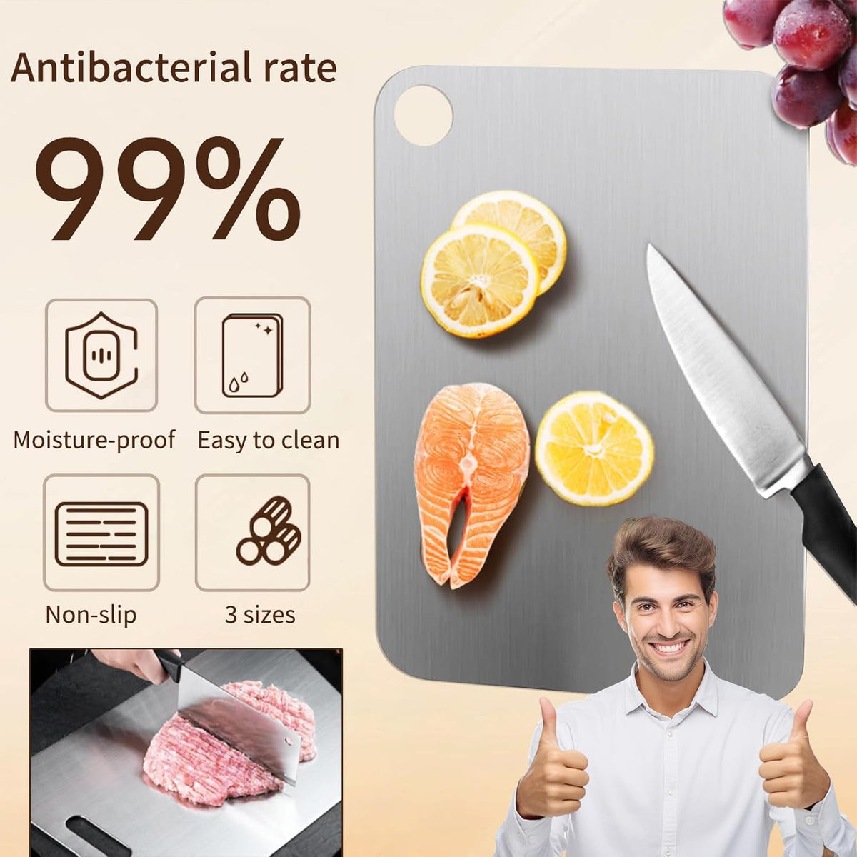 New Titanium Cutting Board-Stainless Steel Cutting Boards for kitchen,Double-Sided Food Grade Non Toxic Cutting Board,Chopping Boards Necessities for Home Outdoor Camping Meal Prep,Easy to Clean （L）