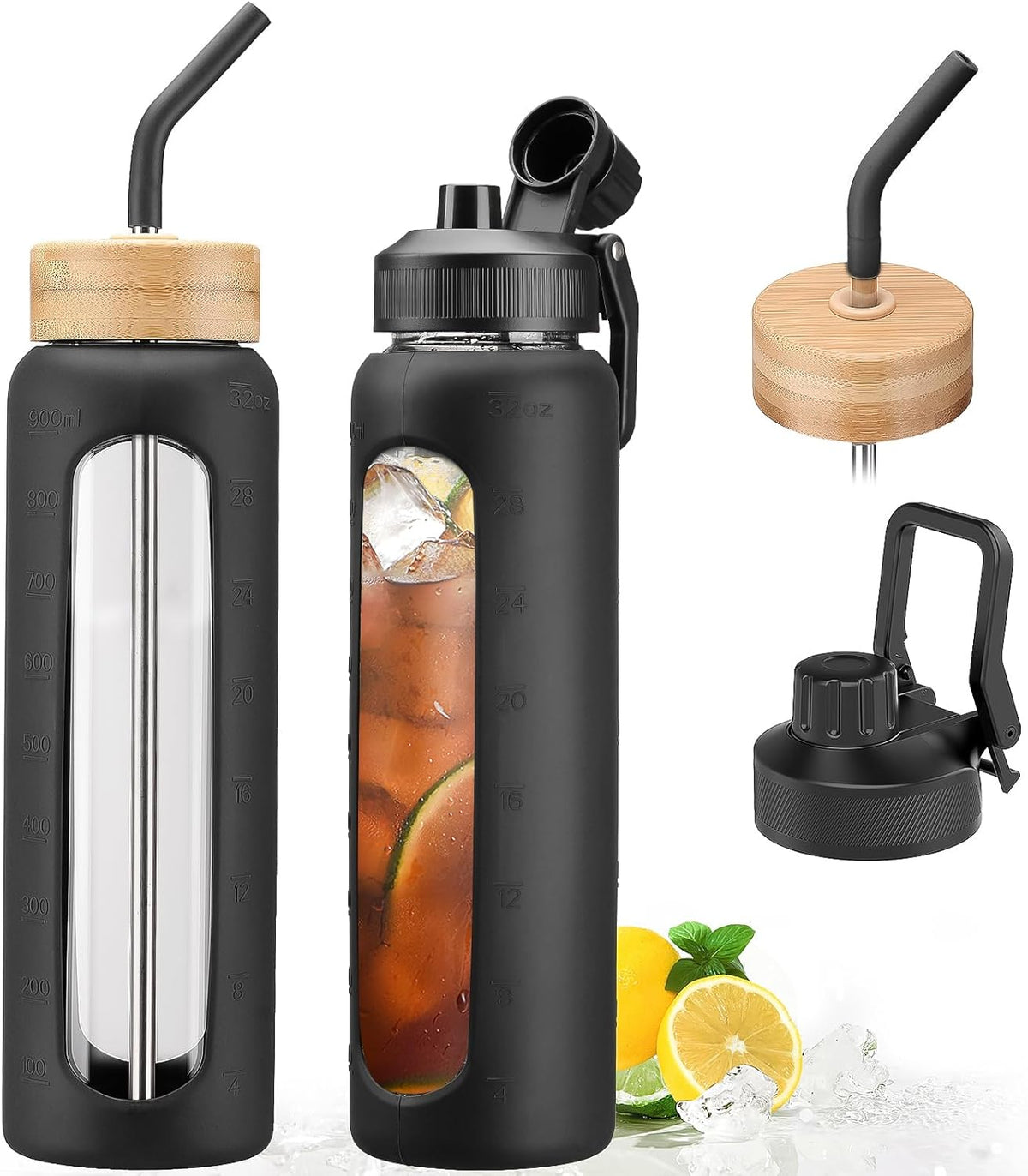 32oz Glass Water Bottle with Straw and 2 Lids- Bamboo Straw and Spout Lid with Phone Holder for Gym, Glass Drinking Bottles with Silicone Sleeve and Motivational Time Marker, Black