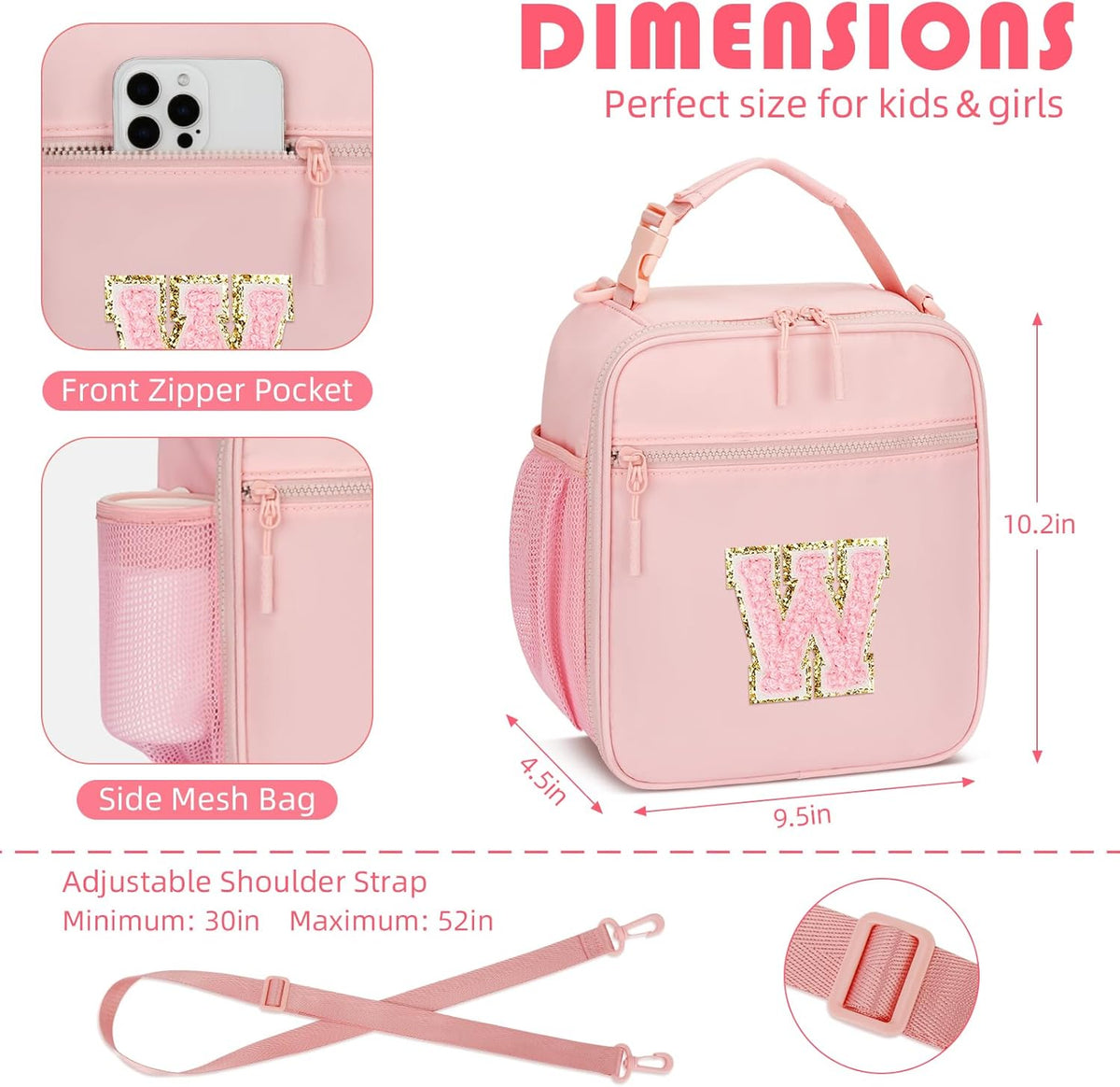 Initial Insulated Lunch Bag for Girls Kids, Back to School Gift, Reusable Leak-proof Lunch Box with Adjustable Strap for School Daycare Travel Picnic (Pink,W)