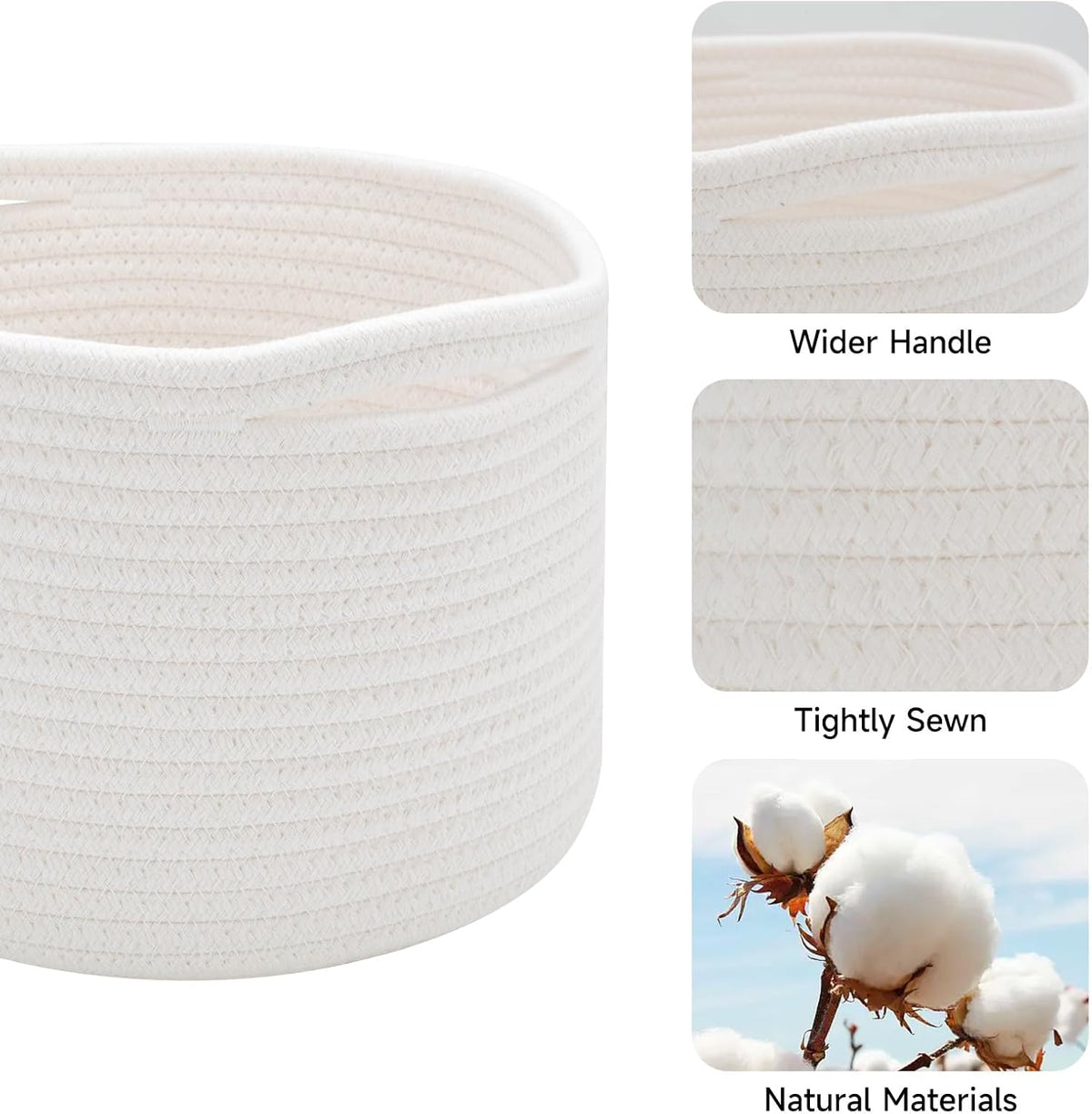 Small Basket for Organizing | Cube Shelf Closet Storage Baskets | 9.7×9.7×7.1” | Woven Rope Gift Basket | Nursery | Round 3 Packs Off White