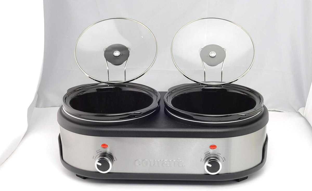 Courant Double Slow Cooker 2.5 Quart Crock each, 5.0 Quart Total Pots, with Individual Easy Cooking Options, Dishwasher Safe Stainproof Stoneware Pots and Glass Lids, Stainless Steel