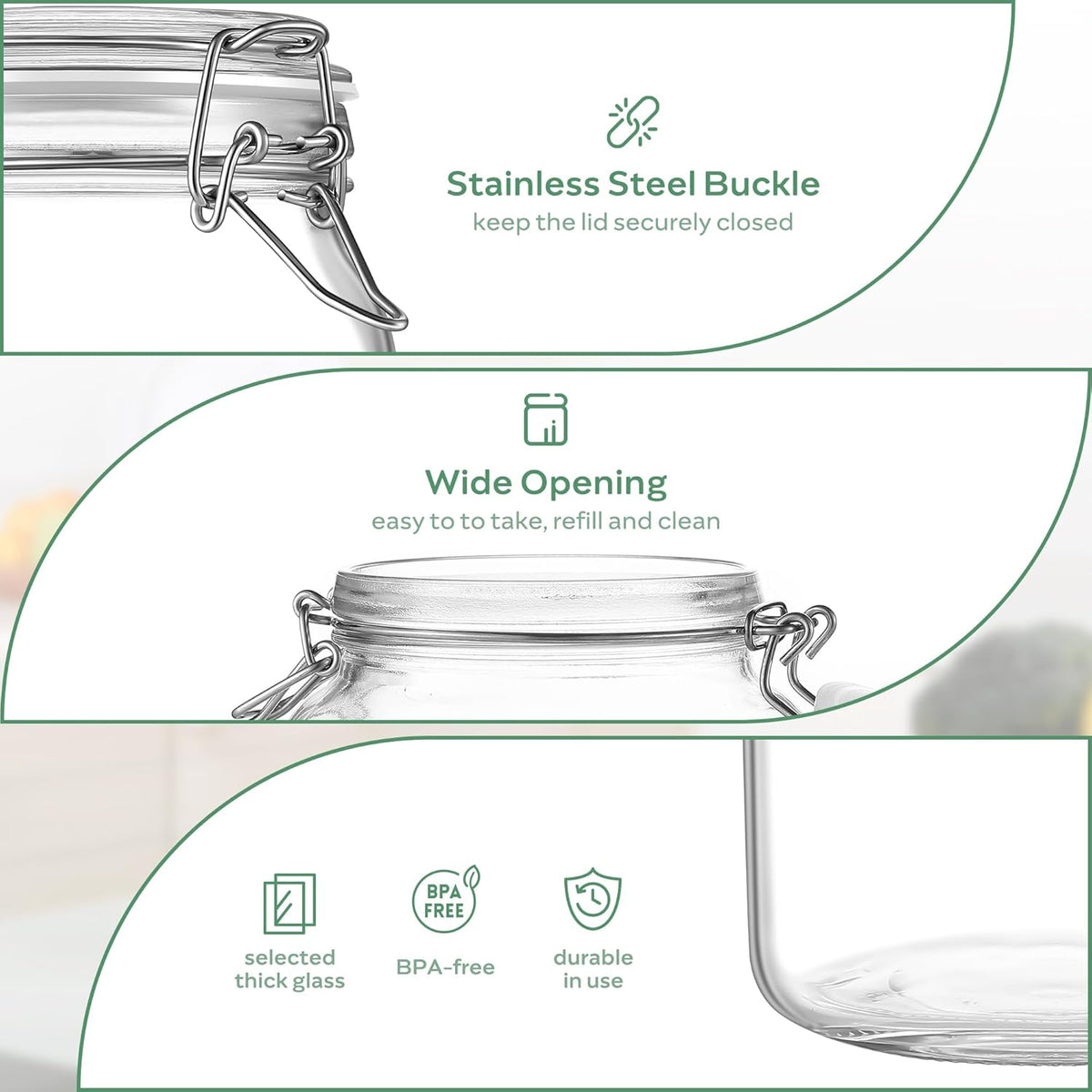 Glass Food Storage Jars with Airtight Lids 34 oz Square 4 Pack Kitchen Storage Containers Large Cabinet Canisters Sealed Pot Canning for Pasta, Cereal, Coffee, Beans, Spice