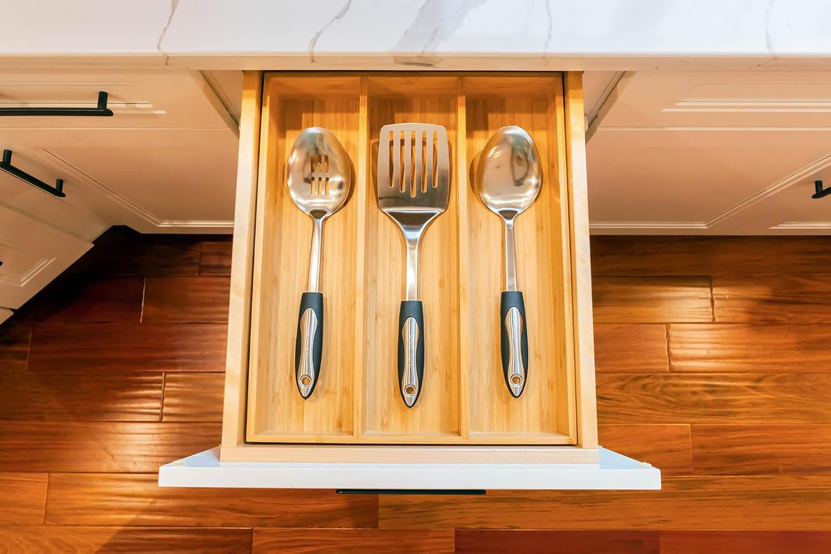 Umilife Bamboo Kitchen Utensils Organizer, 13 Inch Drawer Dividers for Silverware, Extra Deep Holder, with Non-Slip Feet, Wood Caddy for Flatware Cutlery