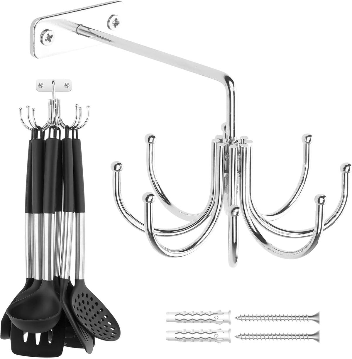 ZEDODIER Kitchen Cooking Utensil Holder, 360° Rotating Kitchen Hooks for Hanging Utensils, Heavy Duty Metal Utensil Rack with 8 Storage Capacity for Utensil, Towel, Pot, Glove, Aprons, Silver