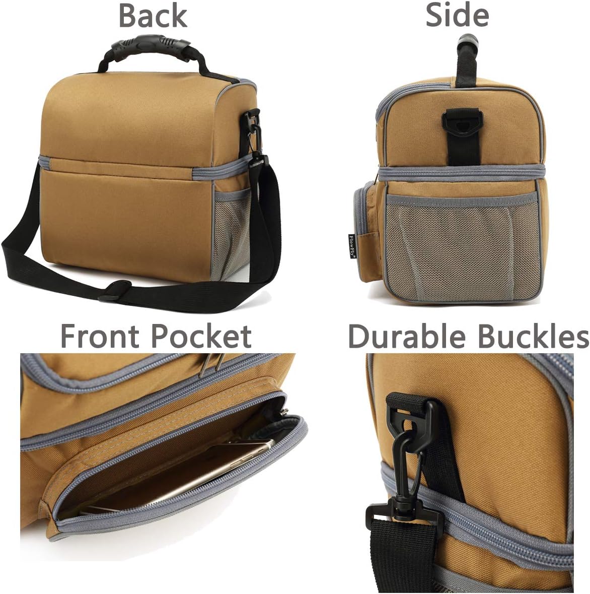 FlowFly Double Layer Cooler Insulated Lunch Bag Adult Lunch Box Large Tote Bag for Men, Women, With Adjustable Strap,Front Pocket and Dual Large Mesh Side Pockets