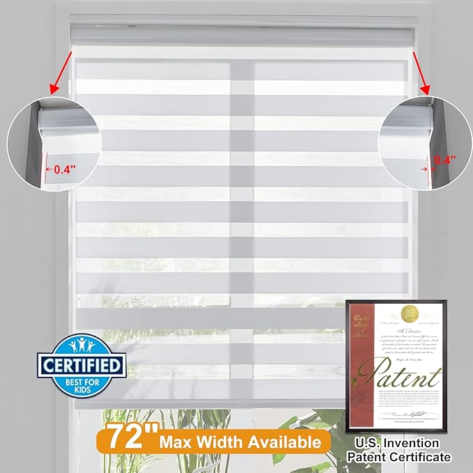 Persilux Cordless Zebra Blinds for Indoor Windows, Free-Stop Zebra Blinds Cordless, Light Filtering Sheer Shades Dual Layer for Day and Night, Zebra Roller Shades for Home (34.5" W X 47" H, Grey)