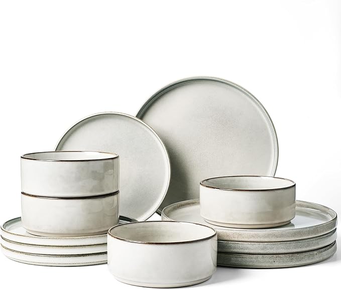 Famiware Annecy Plates and Bowls Sets, 12 Pieces Dinnerware Sets, Microwave and Dishwasher Safe Dishes Set for 4, Chip and Scratch Resistant, Grey-White