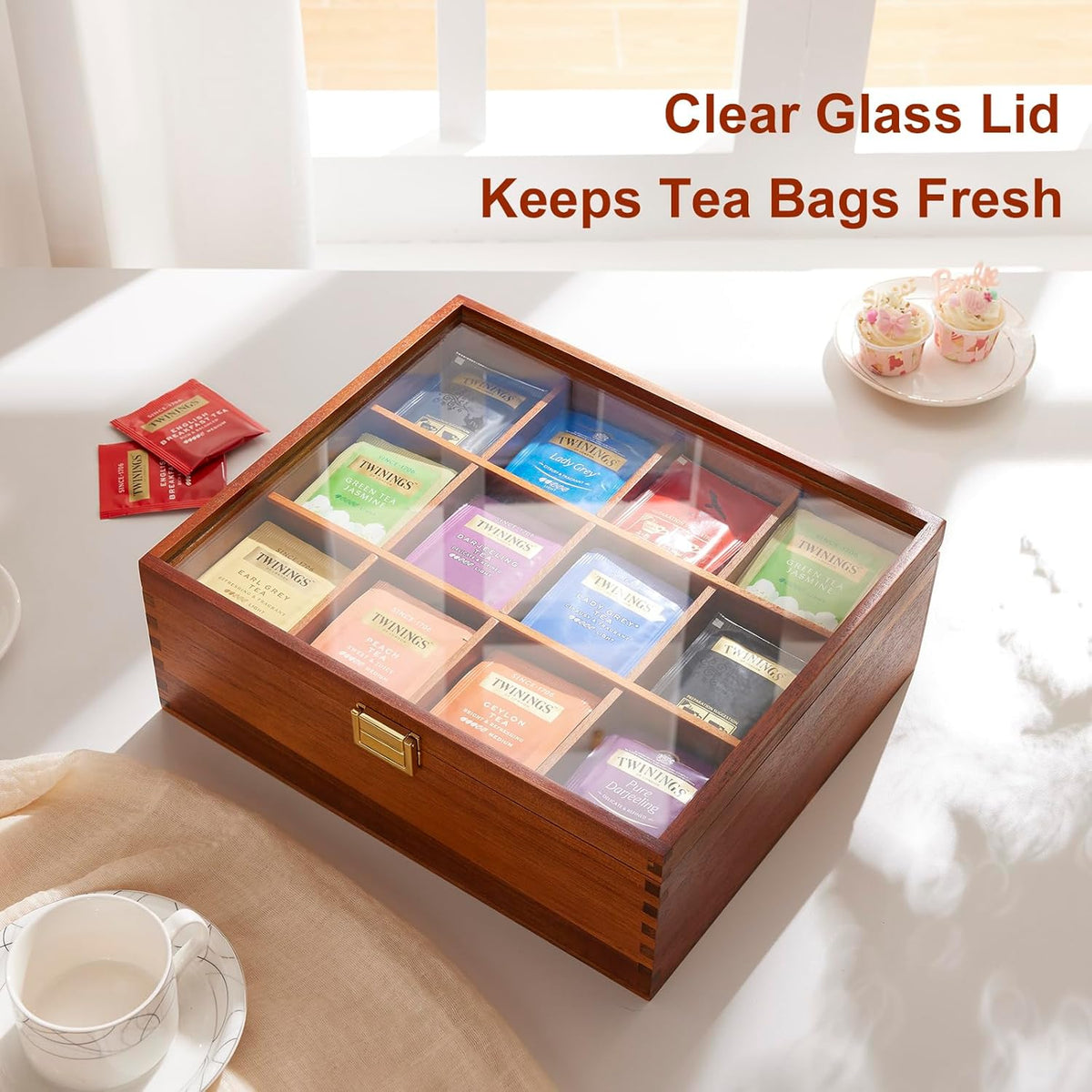 Tea Bag Organizer, Acacia Wood Tea Organizer Box, 12 Compartments Tea Organizer for Tea Bags with Clear Glass Window, Tea Bag Holder for Countertop Kitchen Cabinet Pantry - Keeps Tea Bags Fresh