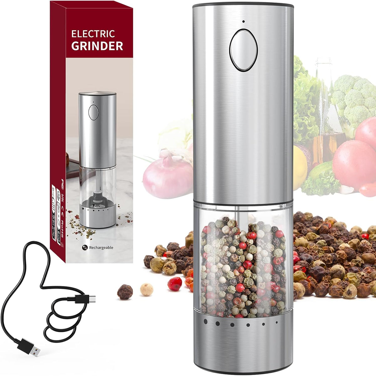 CIRCLE JOY Stainless Steel Electric Pepper Grinder, Rechargeable Pepper Mills with LED Light, 6-Level External Adjustable Coarseness for Easy Use
