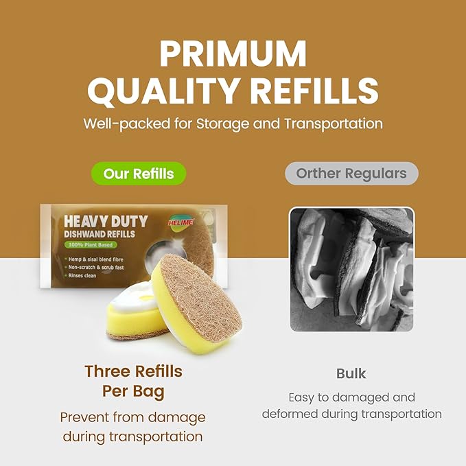 HELIME Natural Dishwand Refills Sponge, Non Scratch Dish Wand Sisal Hemp Replacement Brush Head, Plant Based Heavy Duty Scrubber Dispenser, Dishwashing Cleaning Supplies for Kitchen Sink Dishwash Tool