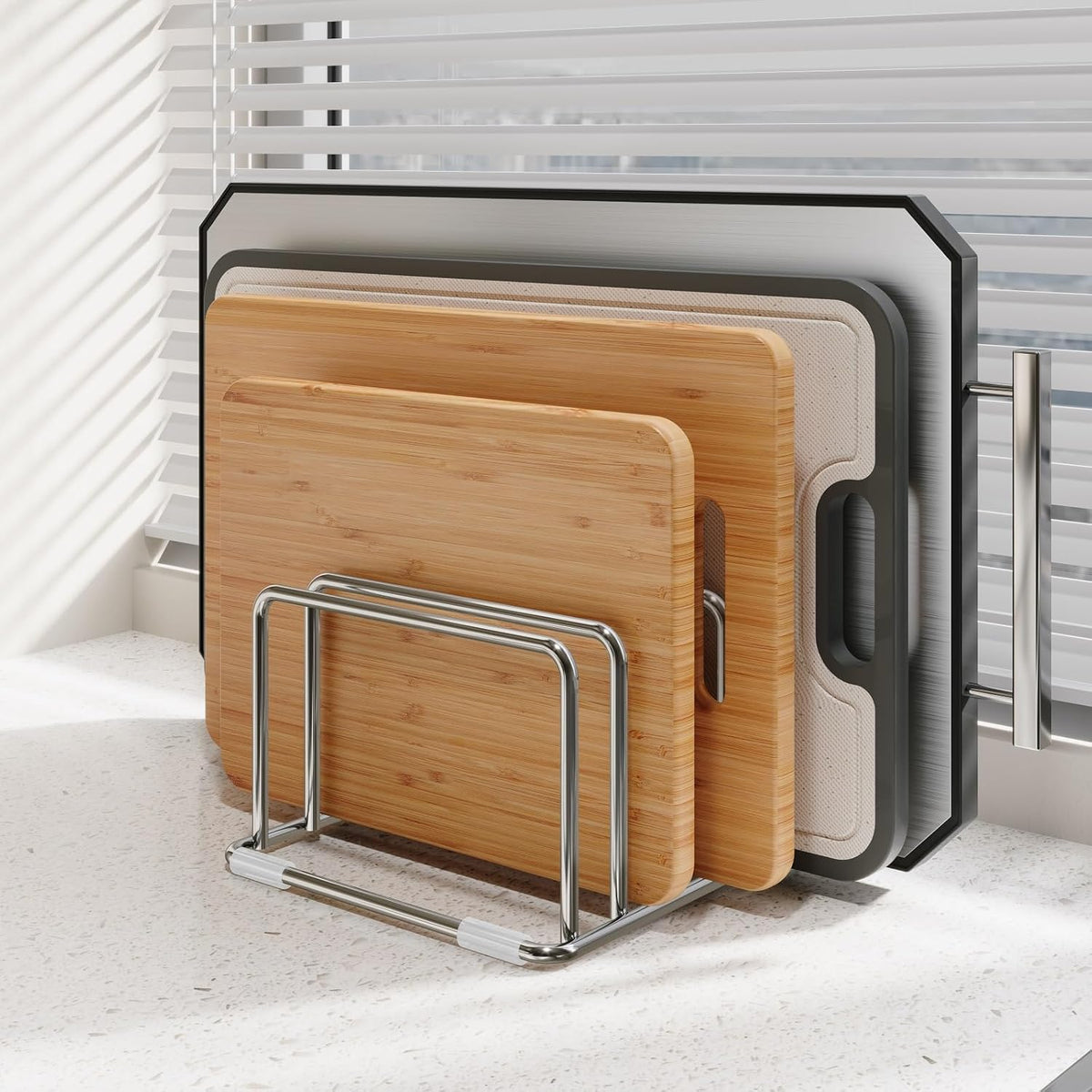 304 Stainless Steel Cutting Board Organizer Rack – Rustproof Compact 4-Slot Holder for Thin Cutting Boards and Plates – Premium Kitchen Storage Solution for Countertops and Cabinets