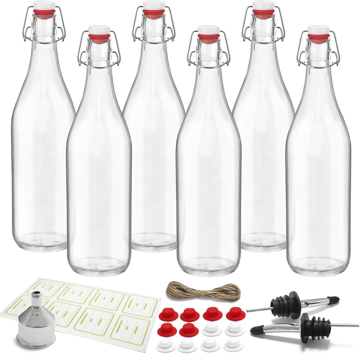 6 Pack [1 Liter / 33 fl. oz.] Swing Top Glass Bottles – Airtight Flip Top Brewing Bottles for Kombucha, Beer, Wine, Kefir, Soda, Liquor – Includes Funnel, 2 Pourers, 6 Seals, 8 Labels & Jute Twine
