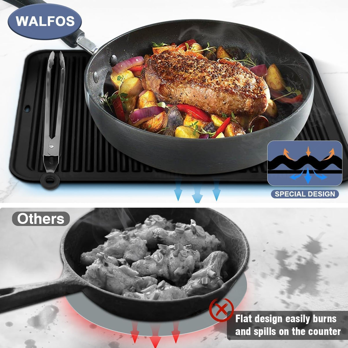 Walfos XXL Silicone Trivet 16 Inch and Trivets Mats 12 Inch, Trivets for Hot Pots and Pans, Heat Resistant Pot Holders Hot Pads for Kitchen Quartz Countertops, Hot Dishes, 5 Pack