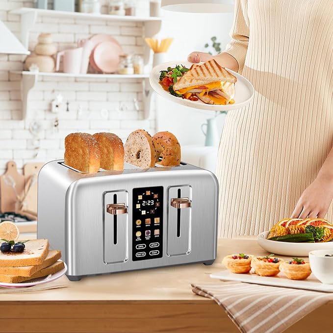 SEEDEEM Toaster 4 Slice, Full Touch control Toaster, LCD Display, 6 Bread Type, 7 Shade Settings, 1.4''Wide Slots，More Time Function, Removable Crumb Tray, 1800W, Silver Metallic