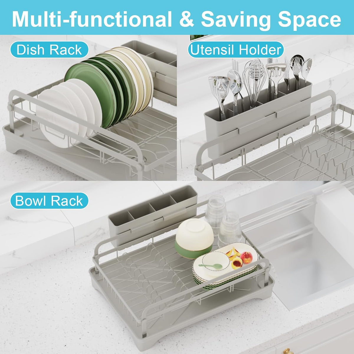Dish Drying Rack - Space-Saving Dish Rack,Dish Racks for Kitchen Counter with Drainboard,Rustproof Countertop Dish Drainer with Utensil Holder for Sink Grey