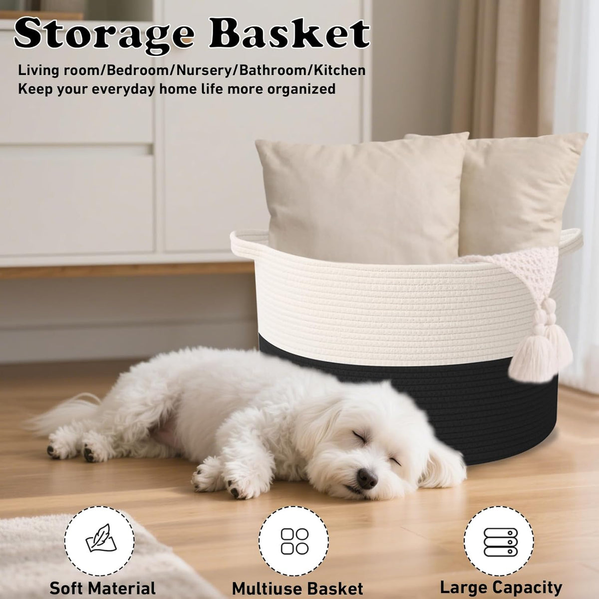 Large Blanket Basket for Organizing,65L Closet Organizers and Storage Bins Box for Shelves Woven Rope Storage Baskets,Living Room,Bedroom,Dorm,Laundry room (White&Black)