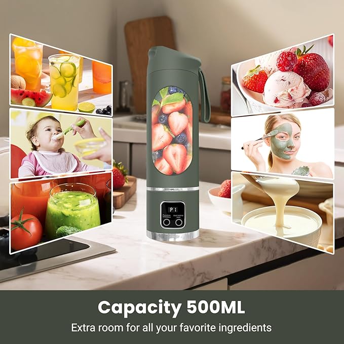 Portable Blender Personal Electric USB，500ML Portable juicer Shakes and Smoothies Blender，Small Blenders，Mixing，Compact、Convenient and Versatile (Green)