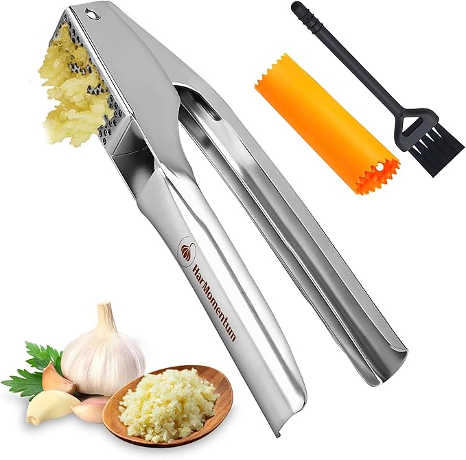 Garlic Press Stainless Steel - No Need to Peel Garlic Mincer & Crusher - 304 Inox, 7.34 Oz, Large Trough - Ergonomic Handle, Easy to Clean, Dishwasher Safe (2 Years Warranty) (Orange)