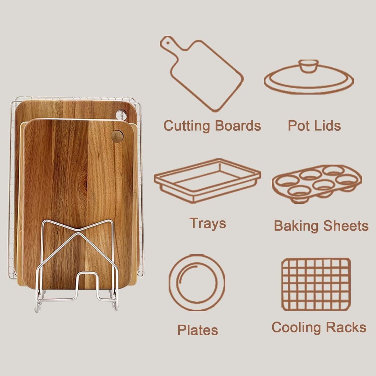 2 Pack Pot Lid Organizer Cutting Board Holder Inside Cabinet 304 Stainless Steel Pots and Pan Organizer Under Cabinet Pot Cover Cookie Sheet Bakeware Serving Tray Cooling Rack Stand Kitchen Countertop