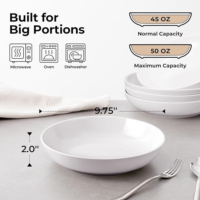 Y YHY 9.75" Large Pasta Bowls, 50 Ounces Big Salad Bowls, Ceramic Serving Bowl Set of 4, Wide and Shallow Bowls Set, Microwave and Dishwasher Safe, White