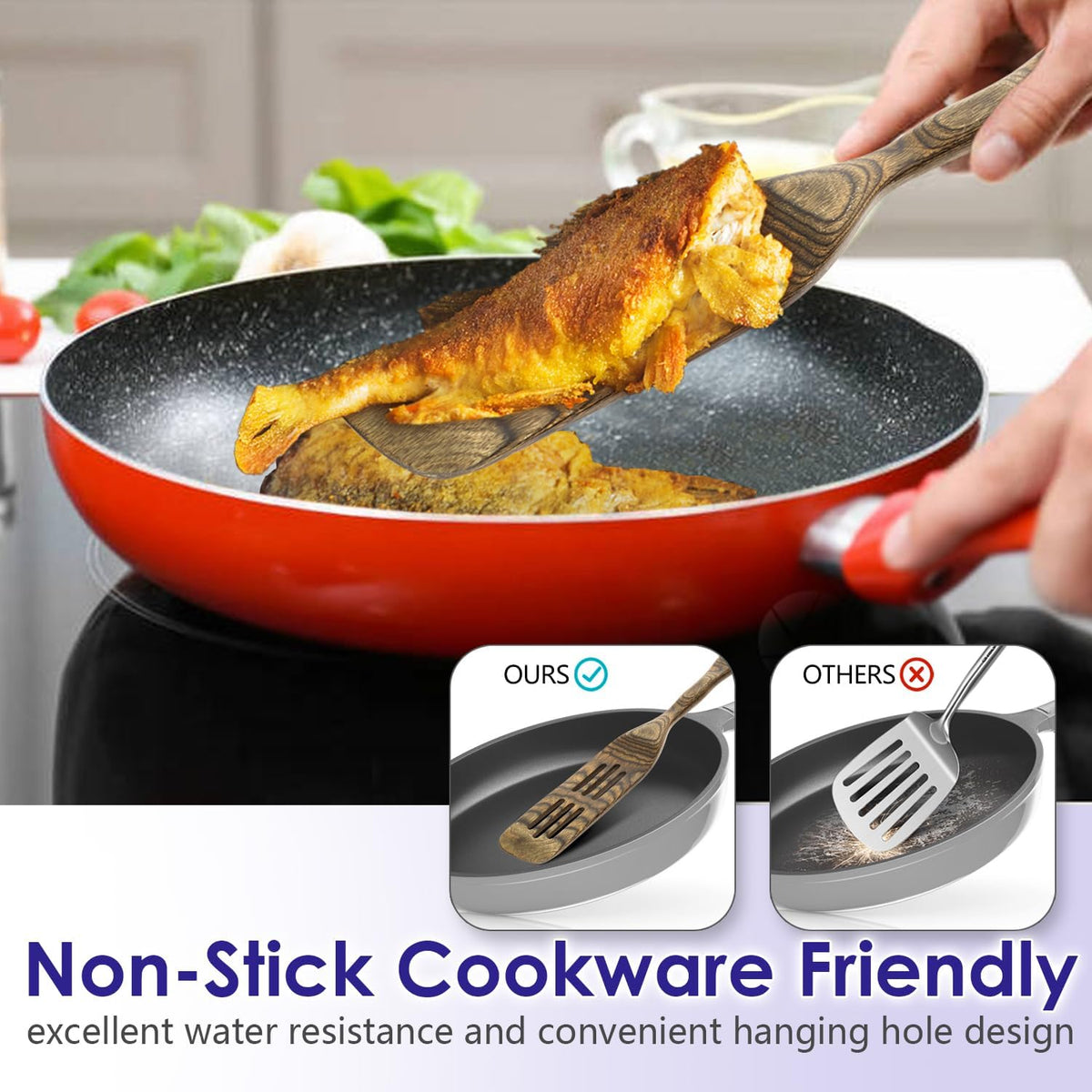 Kitchen 6-Piece Pakkawood Kitchen Utensil Set – Wooden Cooking Spoons with Slotted Spatula, Turner, Spaghetti Spoon & Fish Spurtle, Long Handle Design (Granite) by Howhong