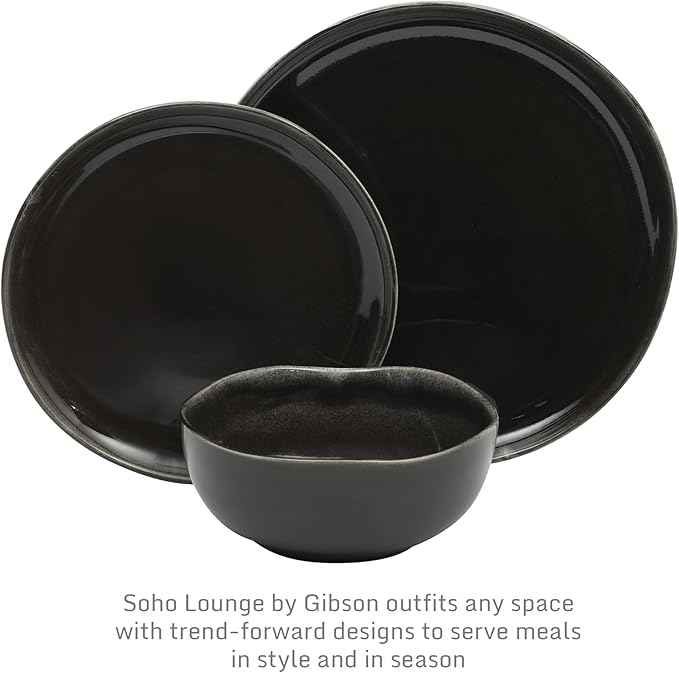 Gibson Elite Nardini 12 Piece (Service for 4) Plates and Bowls Reactive Glaze Dishes Stoneware Ceramic Dinnerware Set - Black