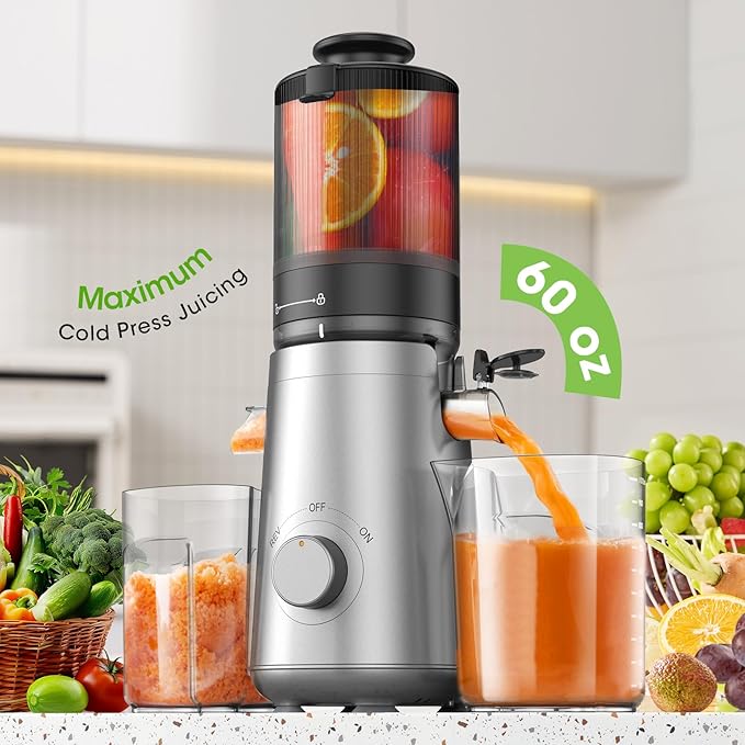 Juicer Machines, 5.8" Wide Feed Chute Cold Press Juicer for Whole Vegetables & Fruits, High Juice Yield, BPA Free (Slivery)