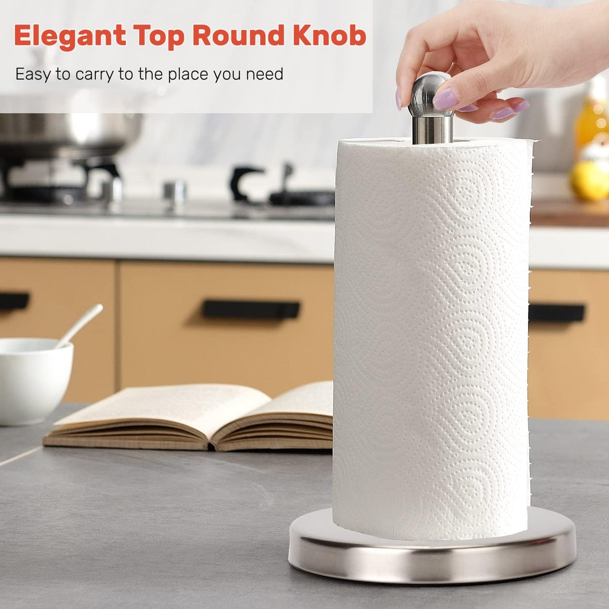Heavy Weighted Towel Holder, Easy One-Handed Design for Kitchen Stand Dispenser, Sturdy Base for Standard and Mega Paper Rolls (Brushed - Stainless Steel Base)