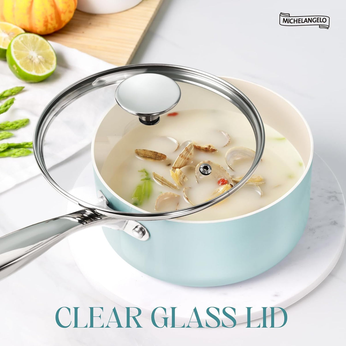 MICHELANGELO 3 Quart Saucepan with Lid - Non Toxic Sauce Pan with Nonstick Ceramic Coating, Scratch-Resistant, Induction Saucepan Suitable for All Stovetops, Light Blue