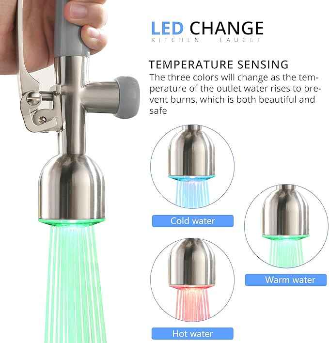 Fapully Commercial Kitchen Faucets with Pull Down Sprayer Brushed Nickel LED Single Handle Faucet for Kitchen Sink, Kitchen Faucet with Soap Dispenser and Deck Plack for 4 Hole