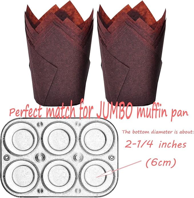Large size Brown Tulip Baking Cups 2-1/4"(Base diameter) x 4"(Wall height) Greaseproof paper baking cupcake Muffin liners, Case of 130 pcs