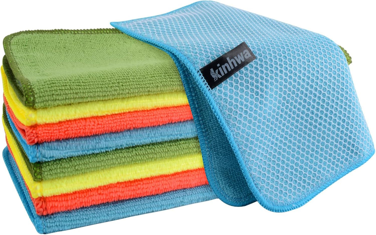 KinHwa Kitchen Washcloths for Dishes Absorbent Microfiber Dish Cloths Quick Dry Dish Rags with Poly Scour Scrub Side Ideal for Kitchen Cleaning (Mixing Colors #1, 12inchx12inch 9 Pack)