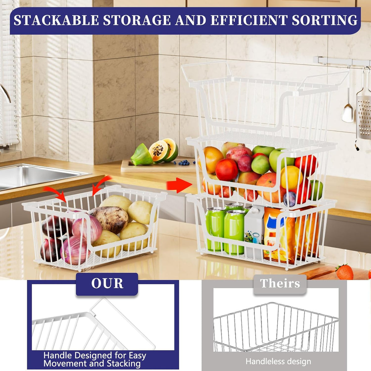Enhanced Leak-Proof Bottom Stackable Wire Baskets, 4 Pack Pantry Organizers and Storage, Pantry Storage，Shelf Baskets, Fruit Basket, Potato and Onion Storage Bins，(White)