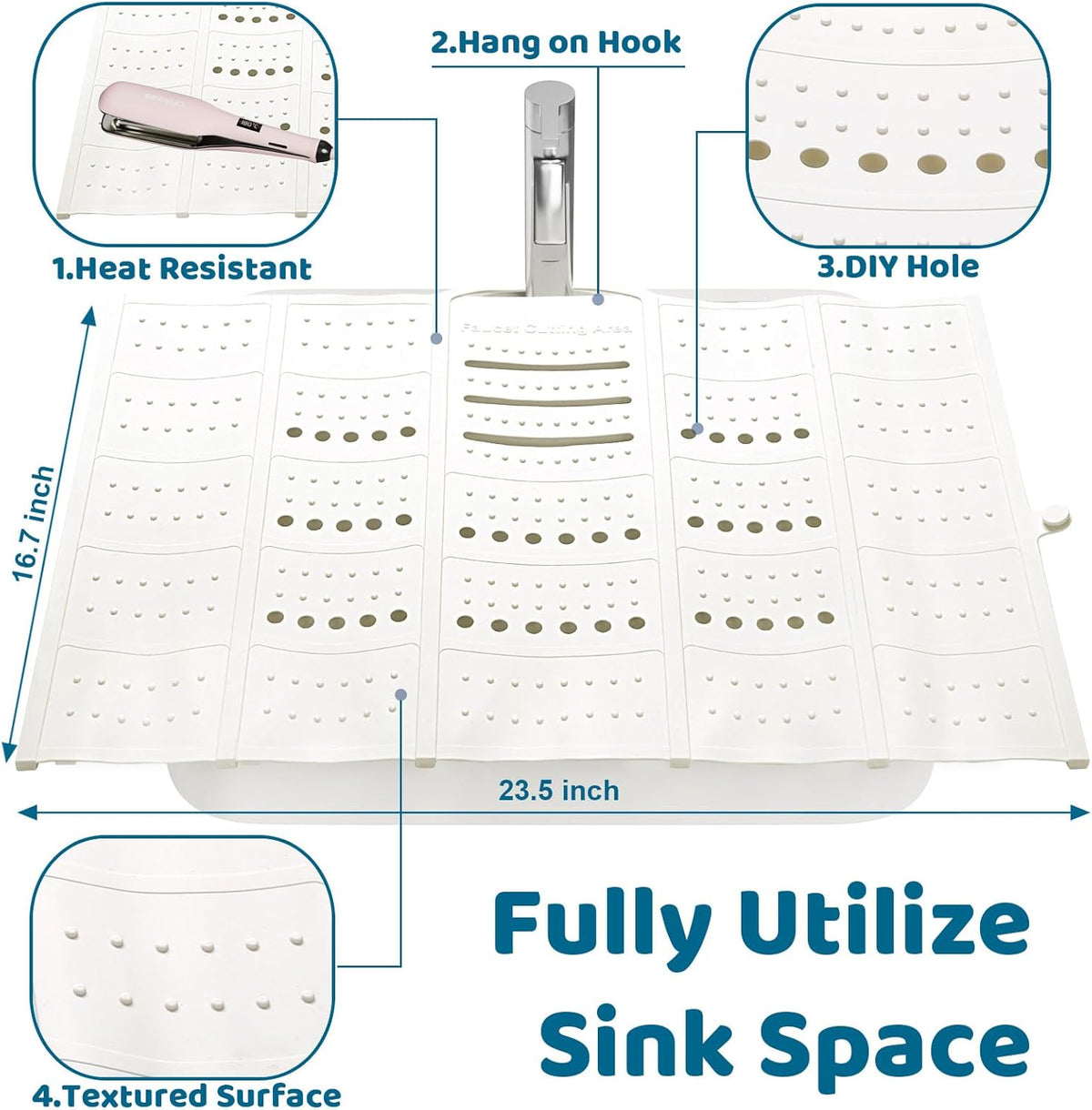 Bathroom Sink Cover for Counter Space, Sink Mat Foldable Sink Cover, Silicone Makeup Organizer Mat Space Saver, Small Bathroom & Rv Camper Travel Must Haves Accessories - Large, Pearl