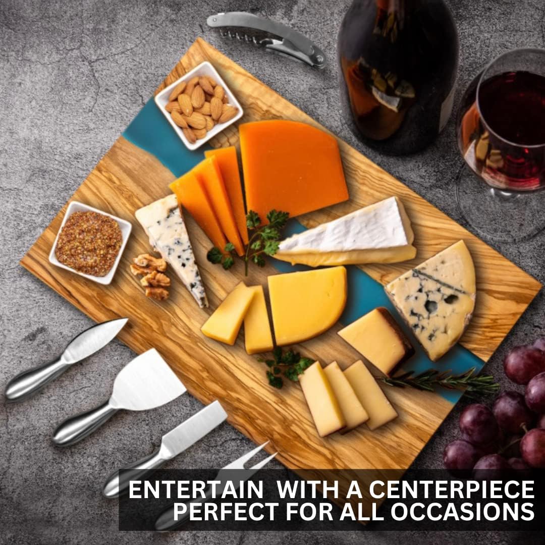 Handcrafted Italian Olive Wood Cheese & Charcuterie Board Set with Unique Blue Resin Artwork - Cutting Board Comes with 4 Cheese Knives, 2 Dipping Bowls & Corkscrew Wine Opener (Blue)