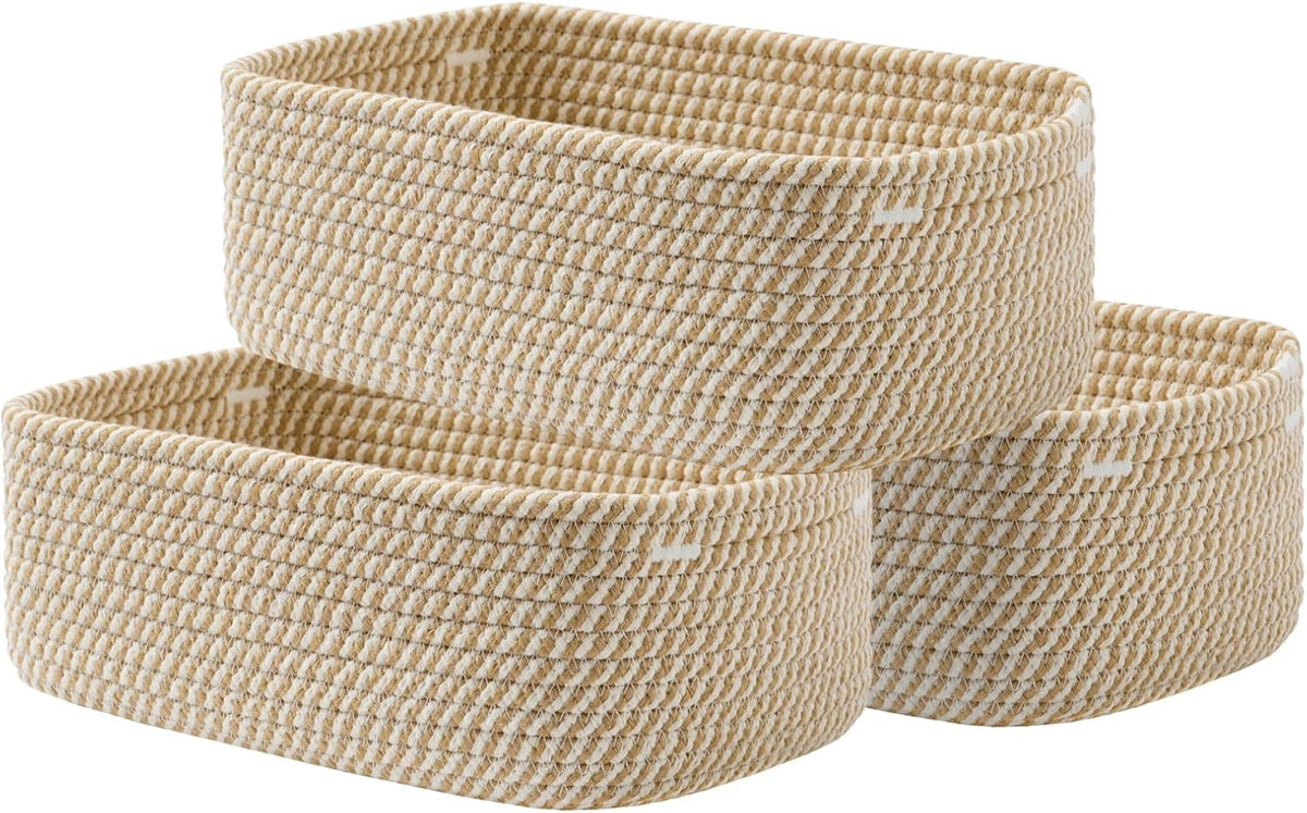 Small Woven Basket, 12 x 8 x 4.5 Inches, Storage Basket for Organizing, Cute Small Rope Shelf Closet Cube Storage Bins Baskets for Shelves, Dog Toy Gift Baskets Empty, 3 Pack Brown