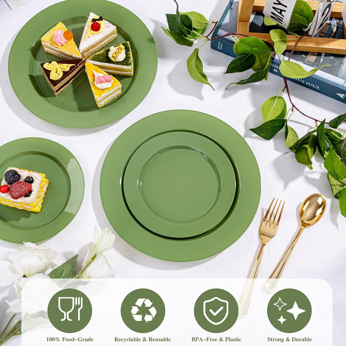 I00000 200 Pcs Green Plastic Plates, Green Disposable Plates Include 100 Dinner Plate 10’’ and 100 Dessert Plate 7’’ Perfect for Birthday, Party & Wedding