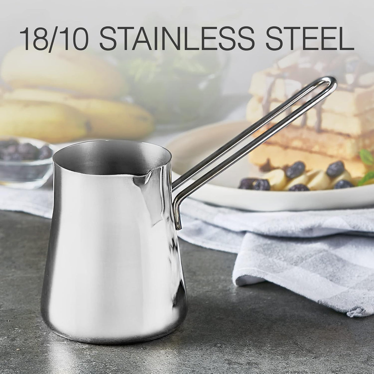 CRYSTALIA Turkish Coffee Pot 18/10 Stainless Steel, Stove Top Tea Maker, Milk Warmer, Greek Arabic Coffee Cezve Briki, 15 oz (Silver, Small)
