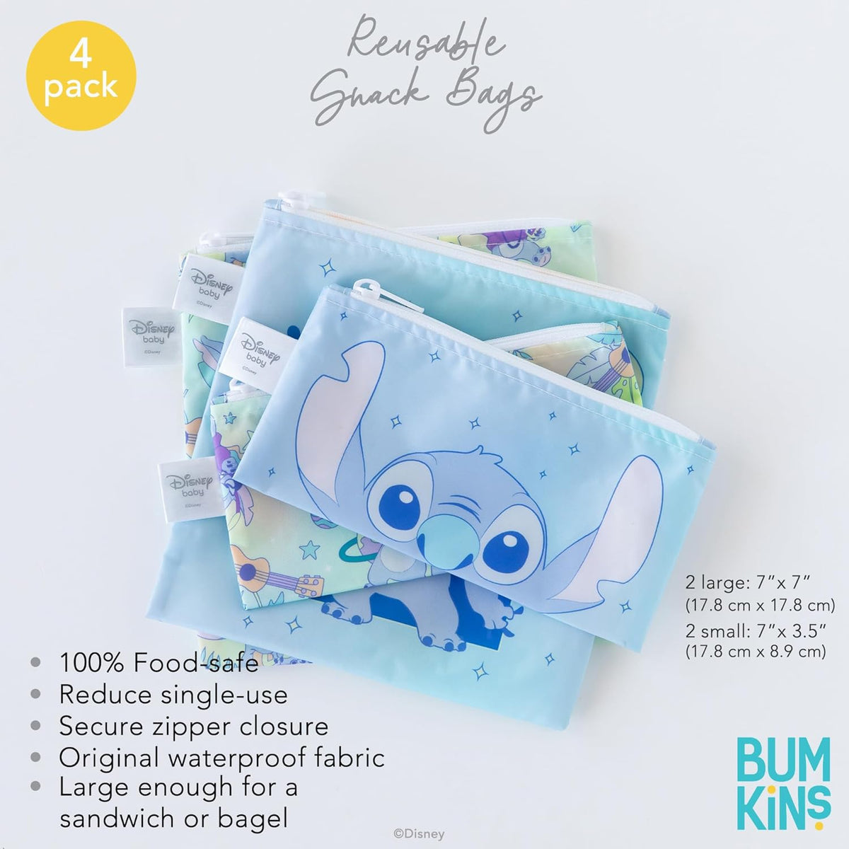 Bumkins - Cloth Snack & Sandwich Bags - For Storage, Travel, Food Prep, Lunch - Reusable, Water Resistant, Washable, Dishwasher Safe - Snack Bags for Kids - Zipper Closure - Aloha Stitch - 4 Pack