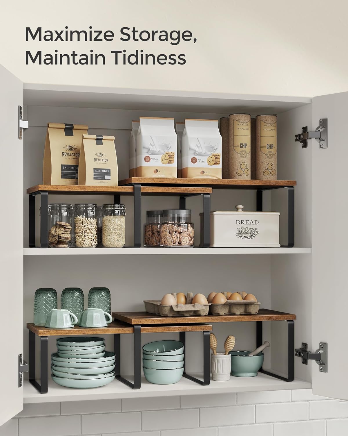 SONGMICS Cabinet Organizer Shelf, Set of 2 Kitchen Counter Shelves, Kitchen Storage, Spice Rack, Stackable, Expandable, Metal and Engineered Wood, Ink Black and Rustic Brown UKCS200X01