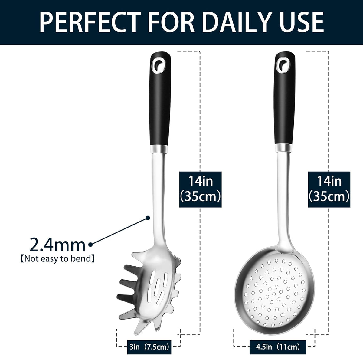 18/0 Stainless Steel Spaghetti Spoon & Slotted Spoon for Cooking, Heavy Duty Frying Spoon Pasta Strainer Skimmer, Cooking Utensils Commercial and Residential Use, Pack of 2