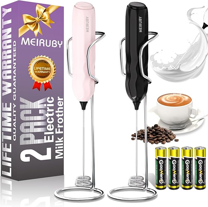 MEIRUBY 2-Pack Milk Frother Handheld with Stand, Valentines Day Gifts for Him and Her, Powerful Electric Coffee Frother, Coffee Lover Gift for Lattes, Cappuccino, Matcha & Hot Chocolate, Black/Pink
