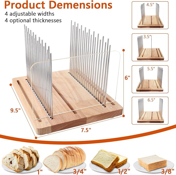 Bread Slicer, Stainless Steel Bread Slicer for Homemade Bread,Adjustable Bread Slicing Guide, Foldable and Compact Cutting Guide, Durable and Stable Wooden Structure for Bread Loaf Slicer