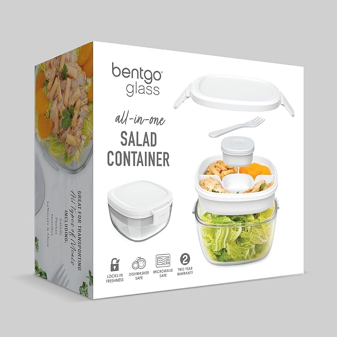 Bentgo Glass All-in-One Salad Container - Large 61-oz Salad Bowl with Lid, 4-Compartment Bento-Style Tray, 3-oz Sauce Container, and Reusable Fork - Dishwasher, Microwave, and Oven Safe (White)