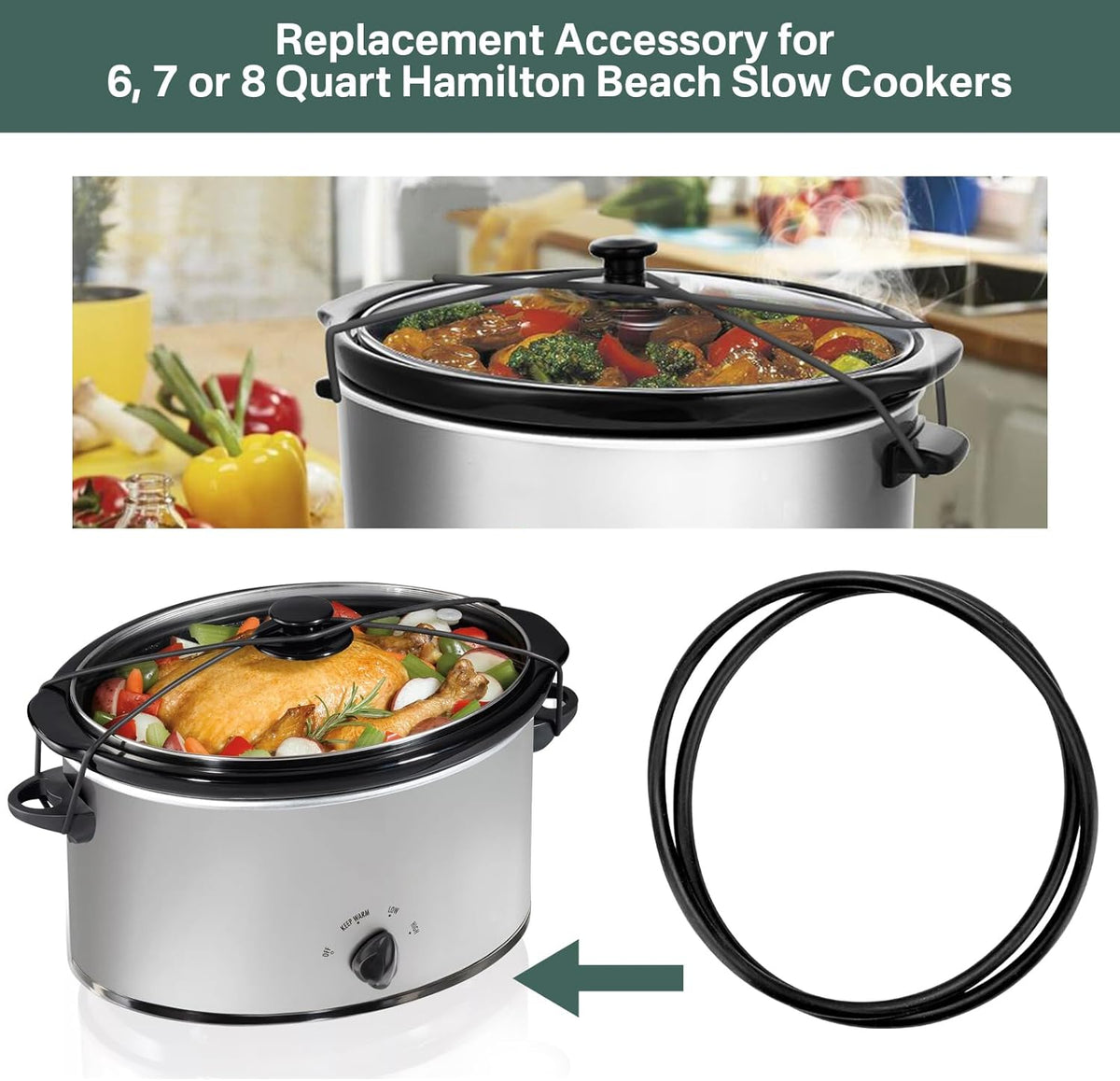 Black Lid Latch Strap Rubber Band Fit for Hamilton Beach Crock Pot Slow Cooker 6, 7, and 8 quart models, including 33167, 33172, and 33176（2PC）