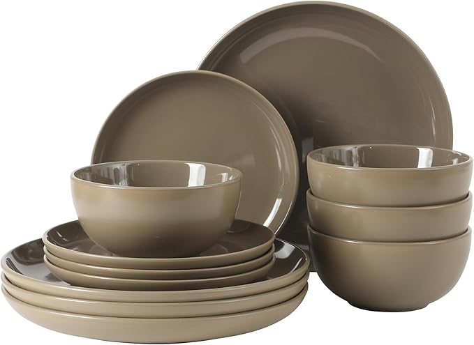 Gibson Home Rockaway 12 Piece Plates and Bowls Matte Outside/Shiny Inside Glaze Service for 4 Dinnerware Set - Brown - Dishwasher and Microwave Safe