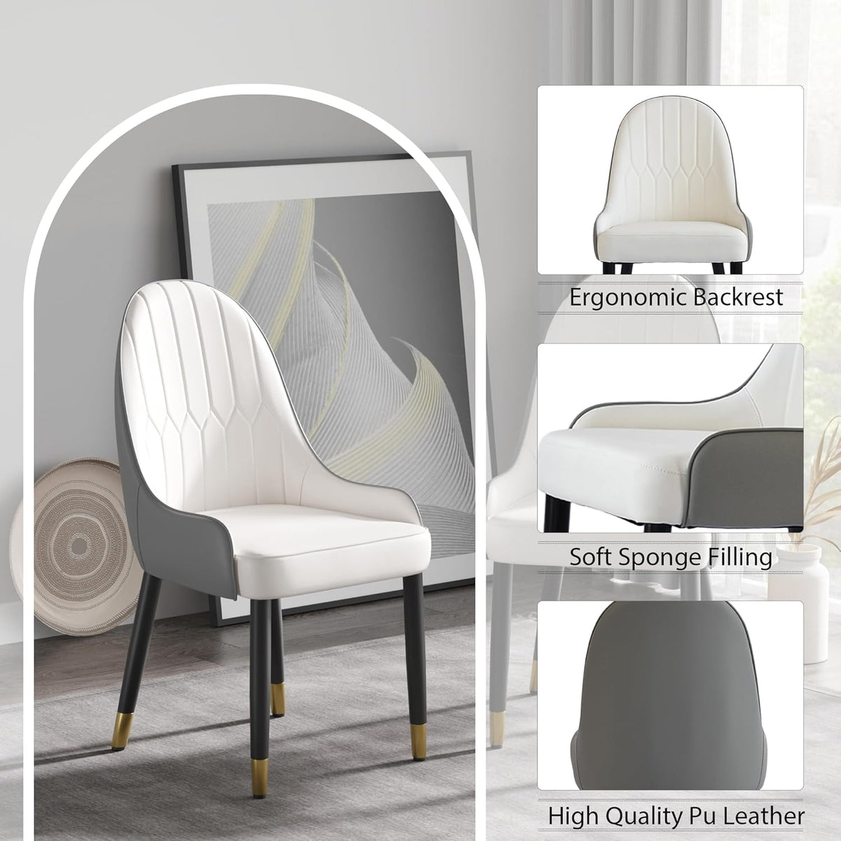 Montary 9 Piece Dining Table Chairs Set, Modern Dining Table Set of 8, Includes 59" D Marble Round Table with Antique Brass Metal Base, 8 Gray White Dining Chairs for Home, Kitchen