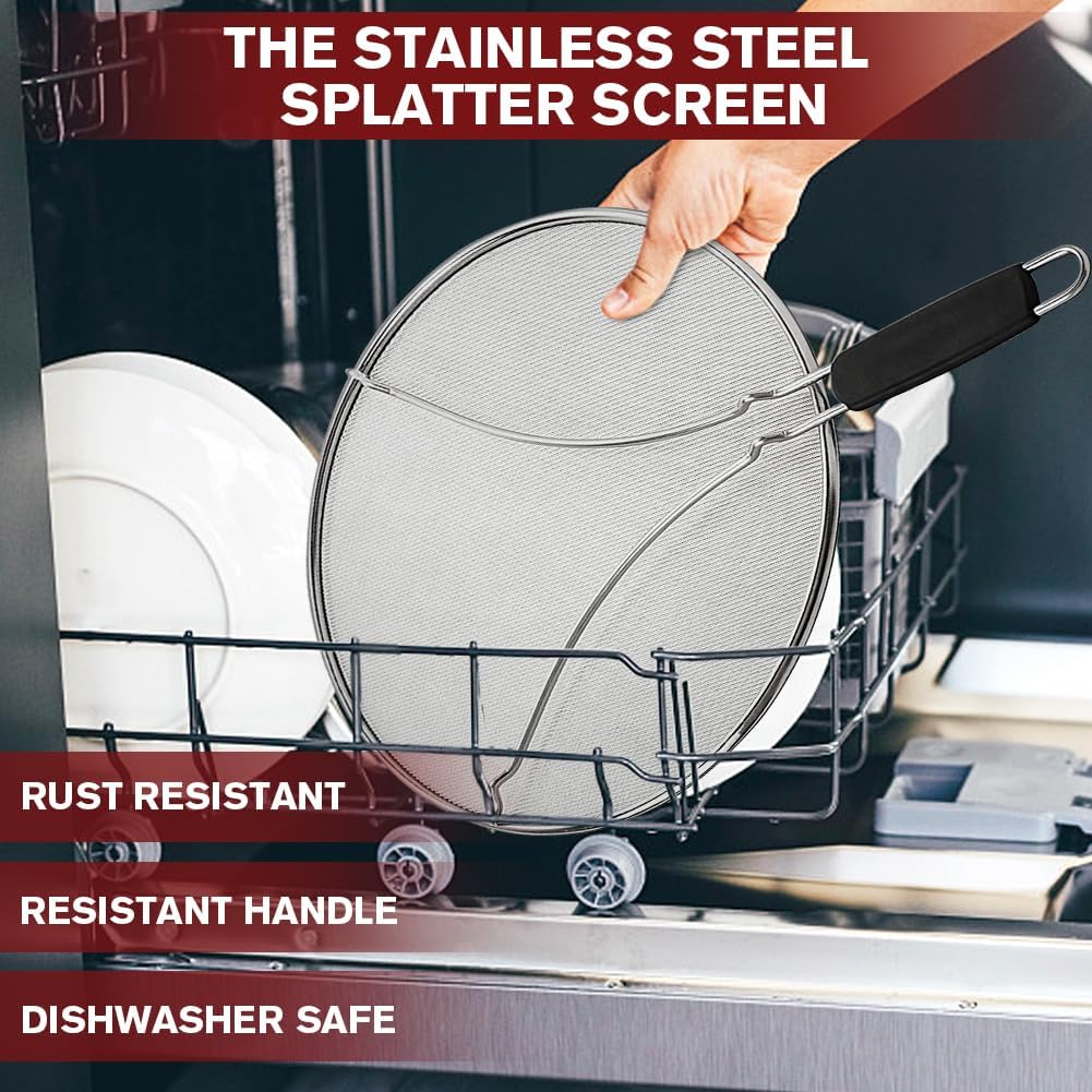 Splatter Screen for Frying Pan & Food Strainer,13 Inch Stainless Steel Grease Splatter Guard,Shield from Splashing Oil, Dishwasher Safe(Black)