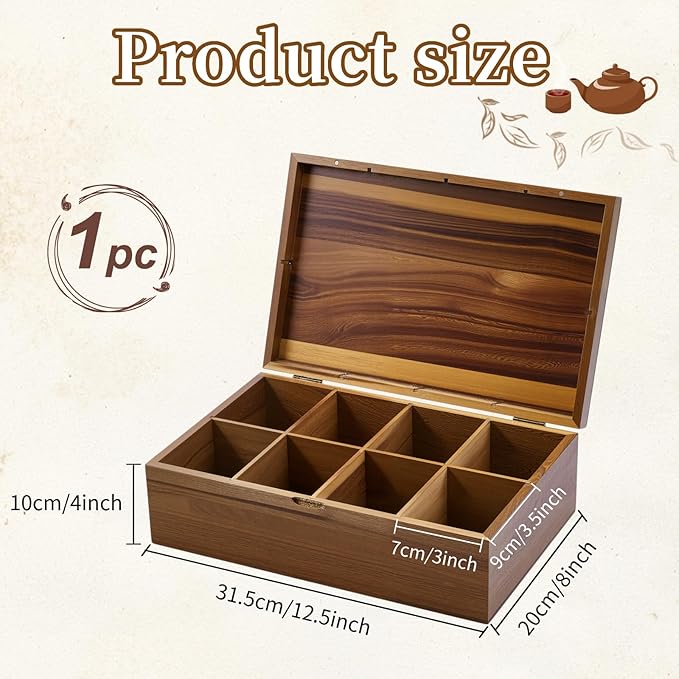 Acacia Wood Tea Bag Organizer Tea Storage Box Organizer Teabag Holder Container Tea Caddy for Tea Bags Chest 8 Compartments Divided Storage Container for Countertop Kitchen Cabinet Pantry