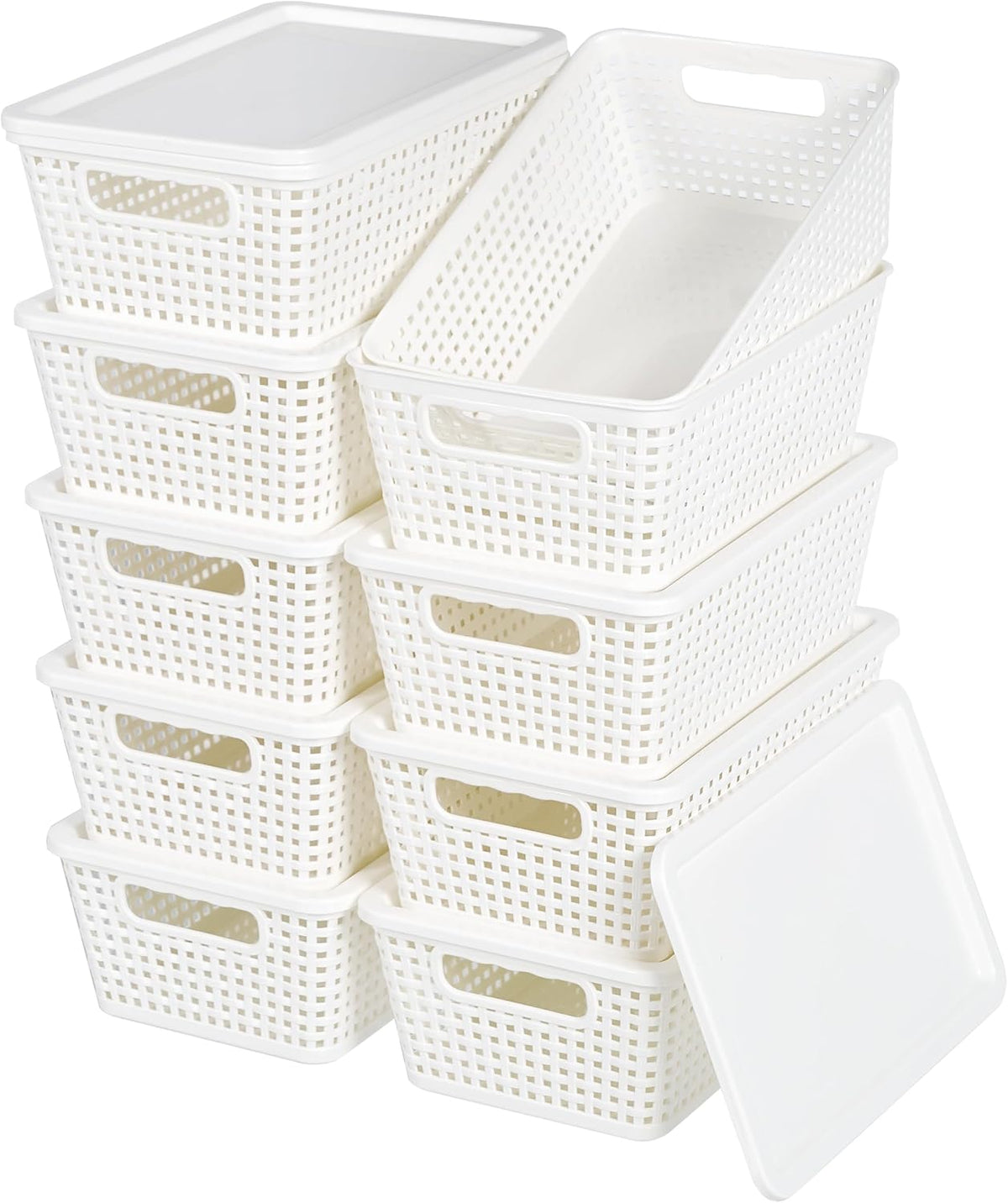Plastic Storage Baskets With Lid, Storage Bins for Organizing, Stackable Decorative Containers for Shelves Drawers Desktop Closet Playroom Classroom Office, 10 Pack-White
